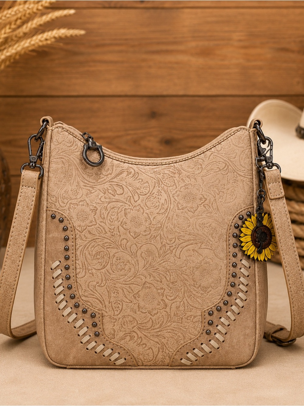 Montana West Embossed Floral Crossbody Bag Tan NWT Western Whipstitch